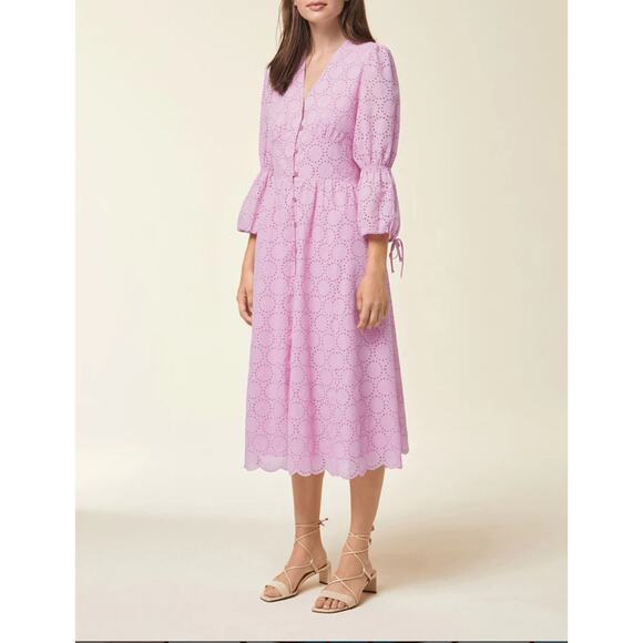 Ivy & Oak Pastel Pink Broderie Anglaise Eyelet Scallop Bell Sleeve Midi Dress 36 - Picture 1 of 9